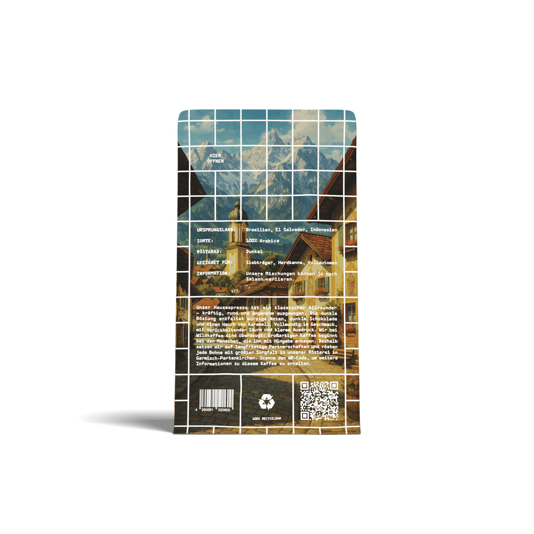 Hausespresso Packung hinten Dorfkulisse und Berge
