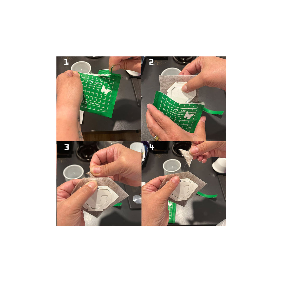 vier Bilder in einem mit Dripbag wird Kaffee aufgegossen