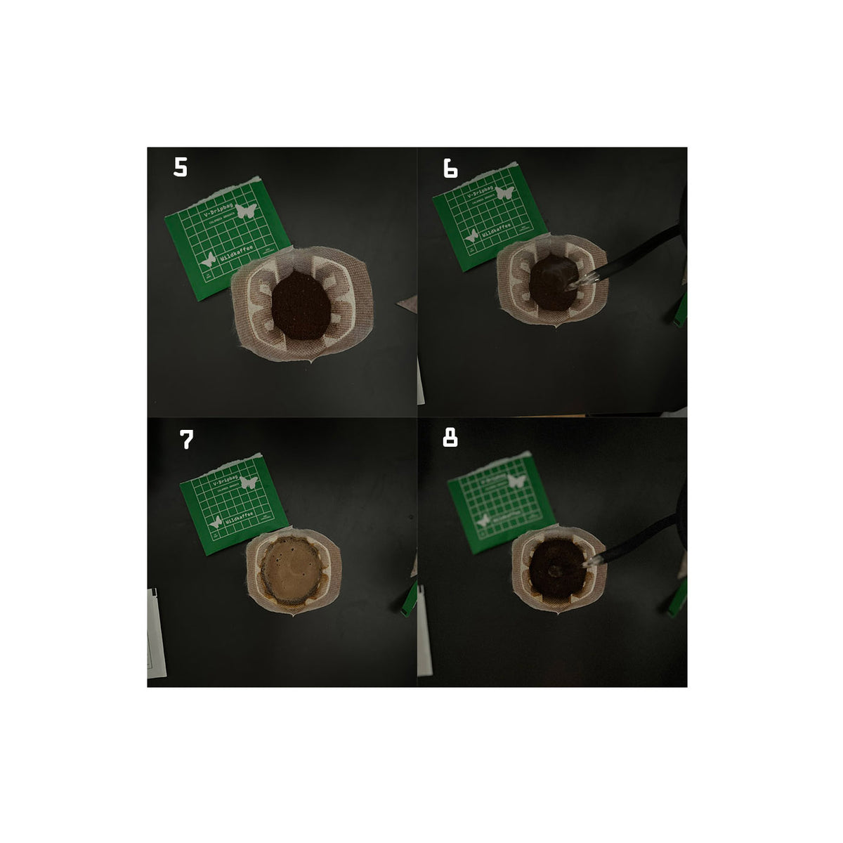 vier Bilder in einem mit Dripbag wird Kaffee aufgegossen